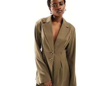 ASOS DESIGN pleated nipped waist blazer in khaki